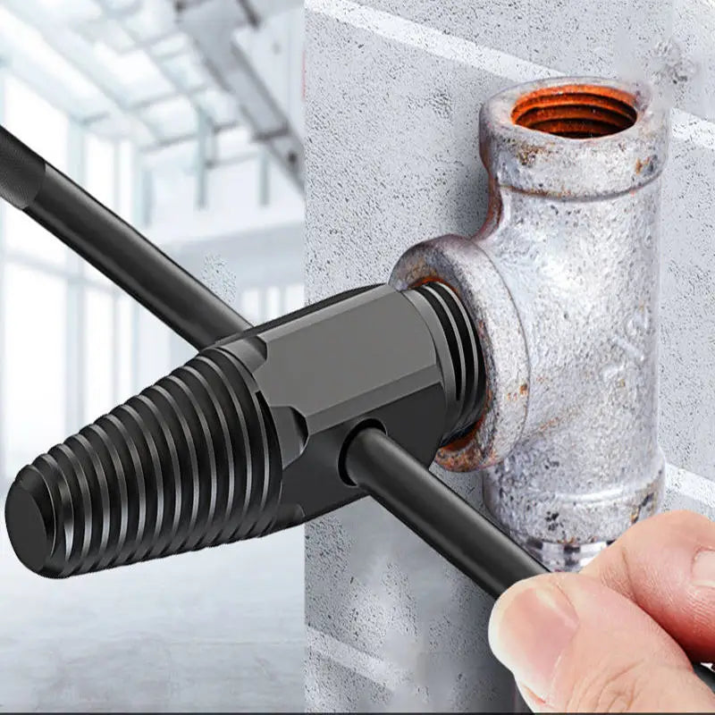 Hand using a pipe wrench on a rusty metal pipe against a blurred background