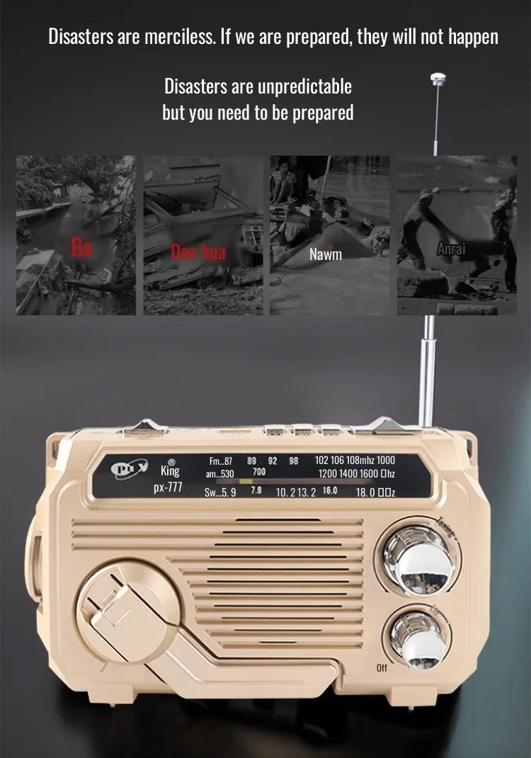 Vintage-style radio with text about preparedness on a dark background