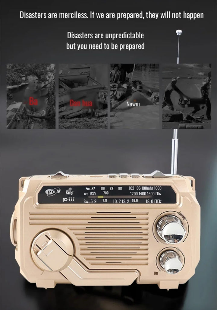 Vintage-style radio with text about preparedness on a dark background