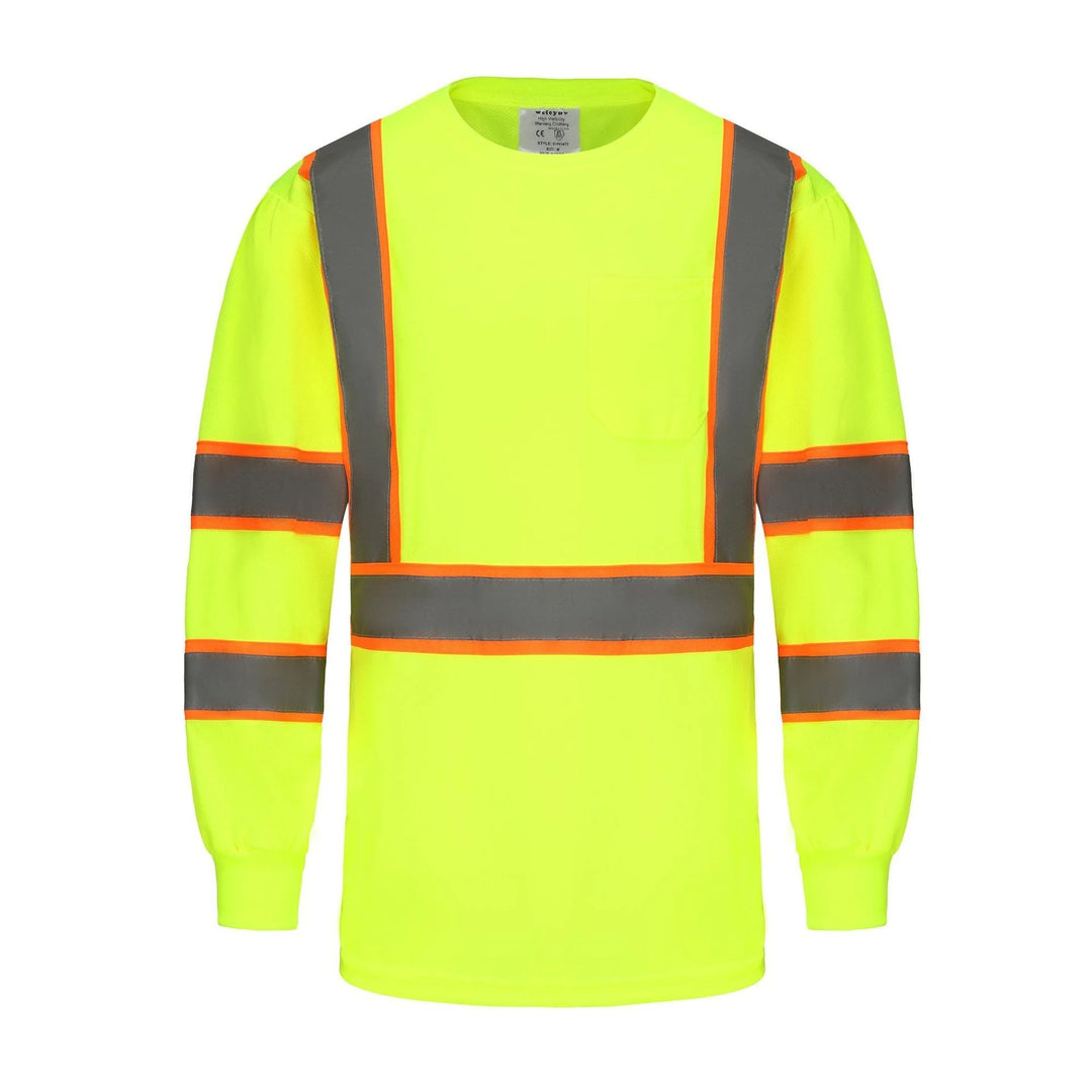 High-visibility safety shirt with reflective stripes on a white background