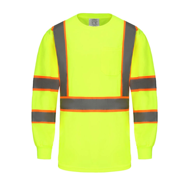 High-visibility safety shirt with reflective stripes on a white background