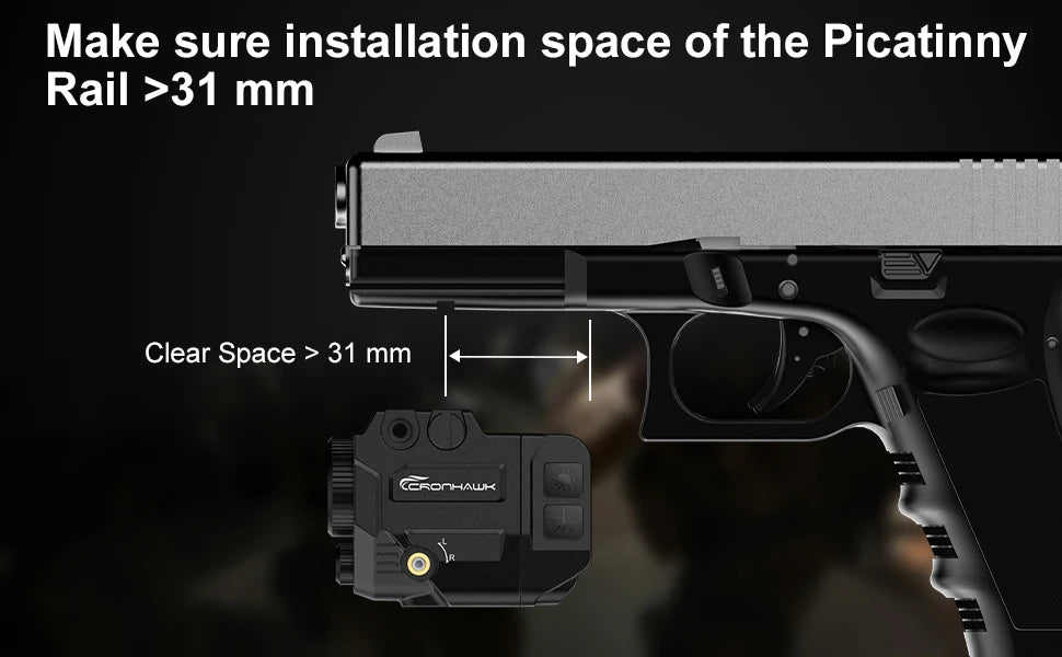 Weapon with Picatinny rail installation guide showing clear space requirement.