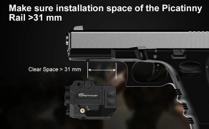 Weapon with Picatinny rail installation guide showing clear space requirement.