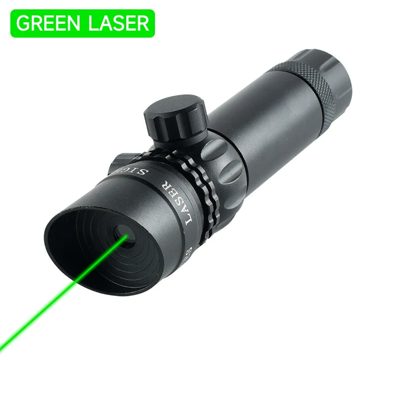 Black rifle scope with green laser on a white background
