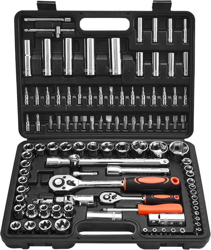 Mechanical tool set with various sockets and tools in a black case on a white background