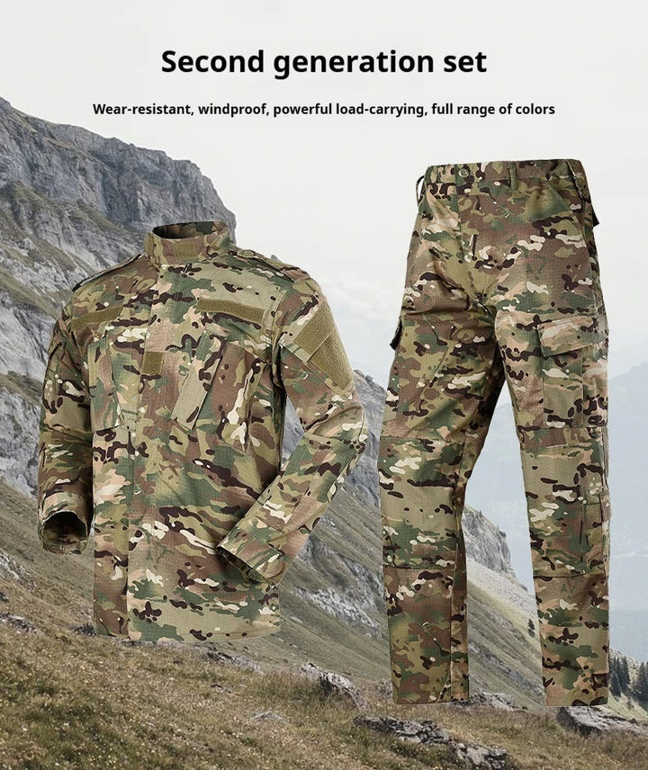 Camouflage military uniform set with mountainous background