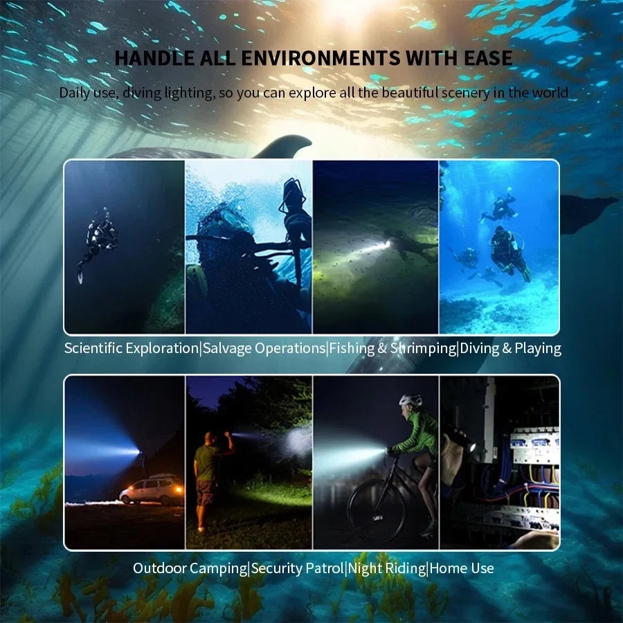 Professional Diving Led Headlamp Portable Rechargeable Usb Diving 500M Underwater Headlight Diver Spearfishing Head Flashlight product image showing features or usage