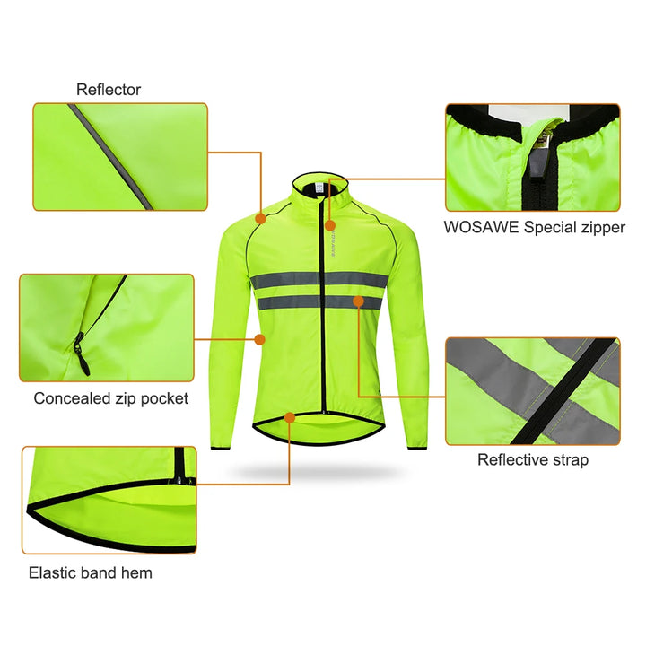 Fluorescent green jacket with features highlighted on a white background