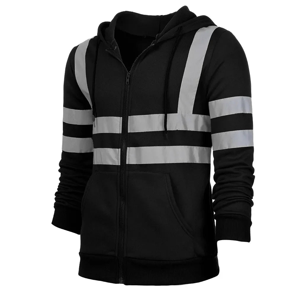 Black hoodie with reflective silver stripes on a white background