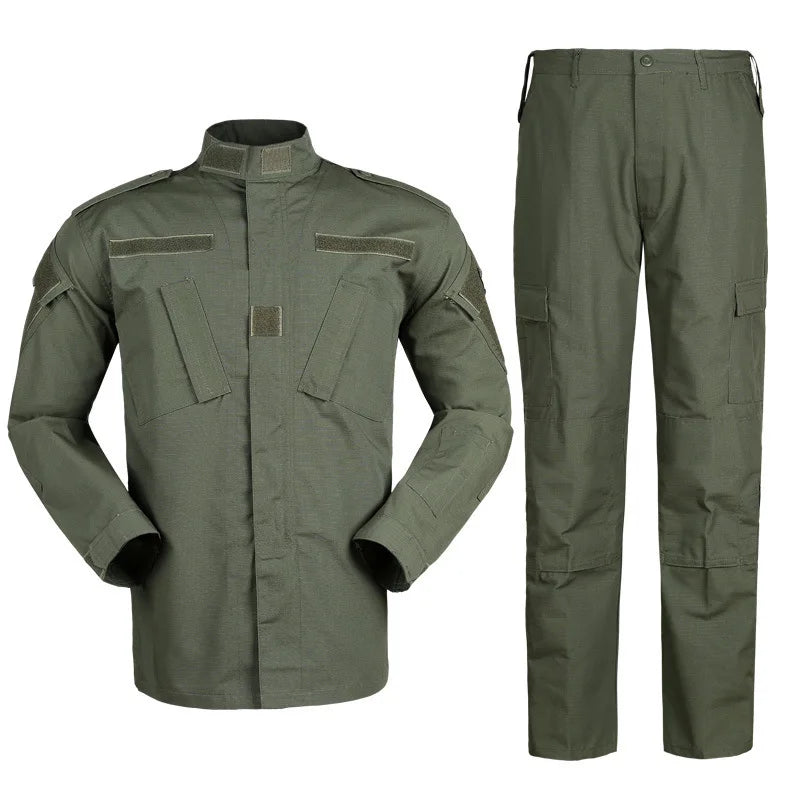 Green military-style jacket and pants on a white background