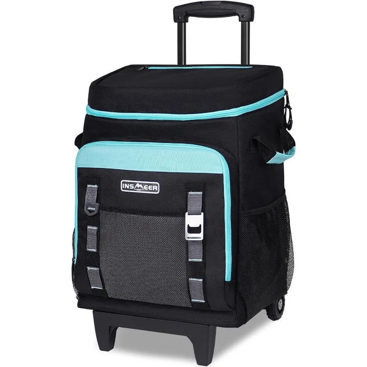 Black and turquoise rolling suitcase with 'Insemer' branding on a white background