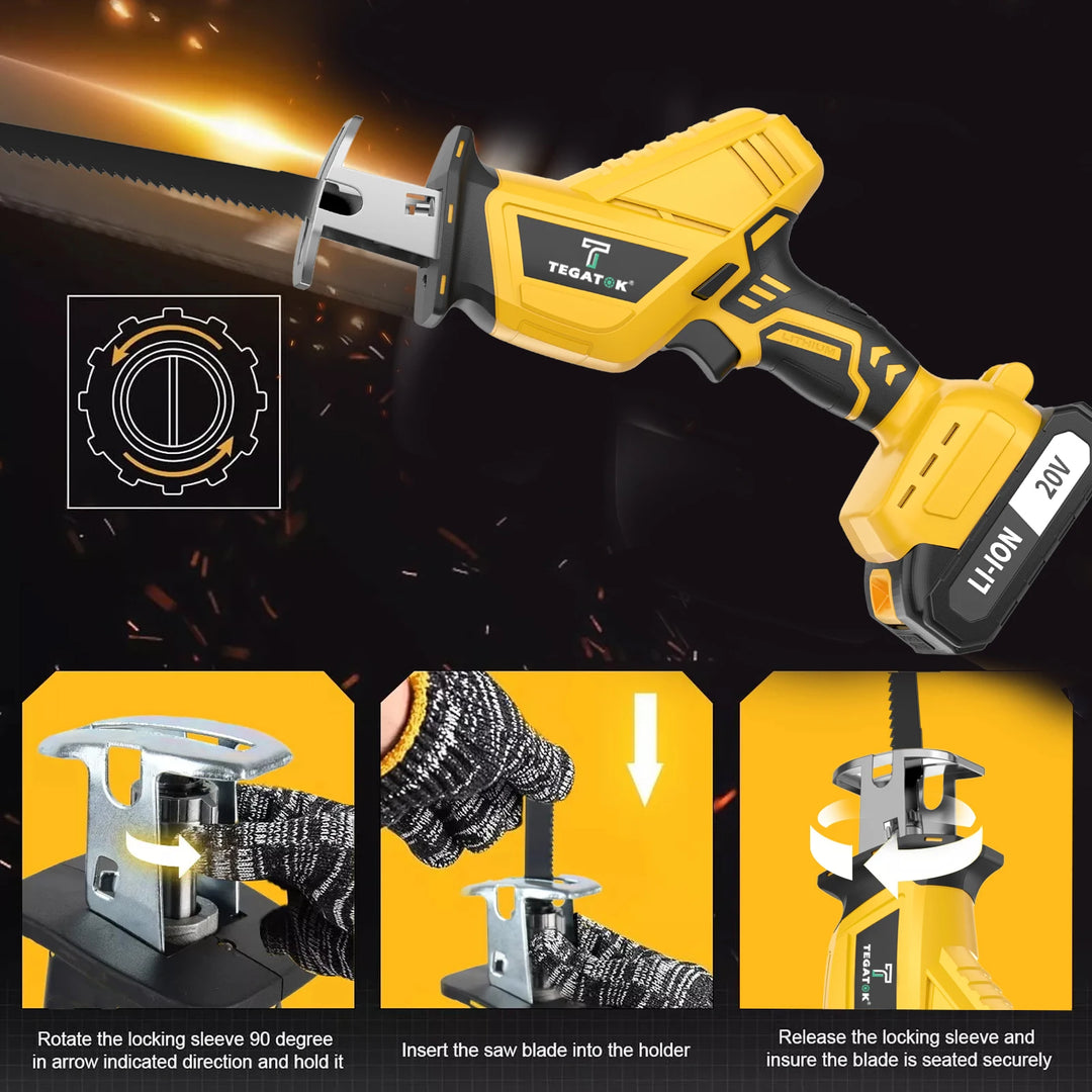 Yellow and black reciprocating saw with user instructions on a dark background