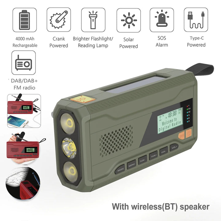 SmartGearPros Emergency Weather Radio with Bluetooth Speaker - Hand Crank Solar Rechargeable FM AM SW DAB Flashlight