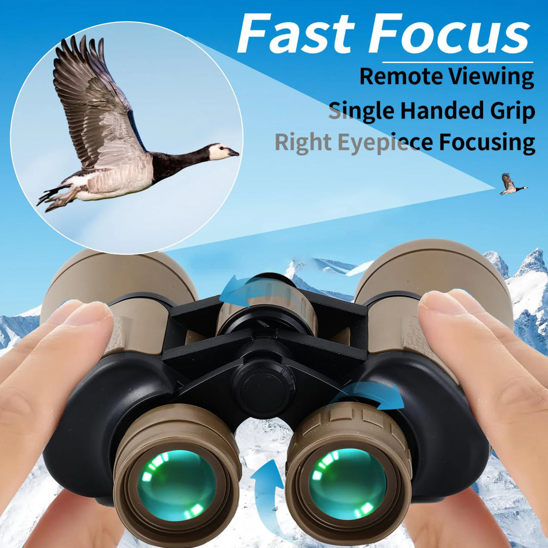 Binoculars with a person holding them, set against a mountainous landscape with a goose in the background.