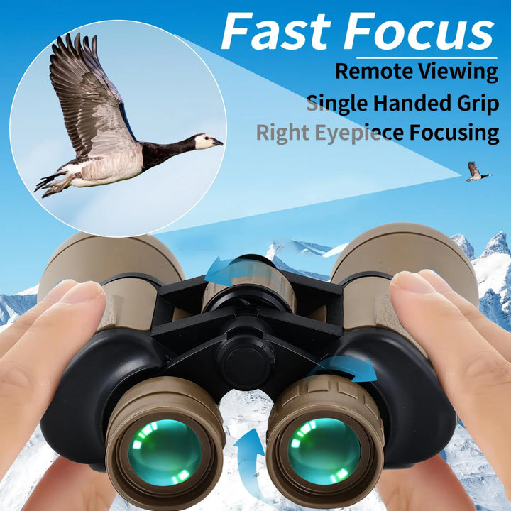 Binoculars with a person holding them, set against a mountainous landscape with a goose in the background.