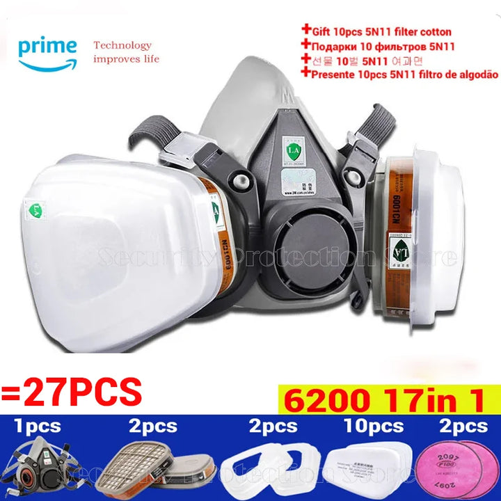 17-in-1 6200 Gas Mask Respirator mask with filter cartridges and cotton, featuring Amazon Prime branding.