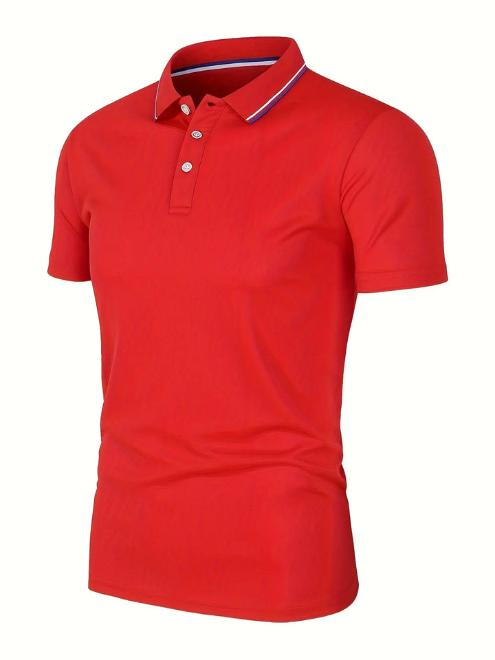 SmartGearPros Men's Polo Shirt in red color made of breathable polyester polo shirt with button collar.