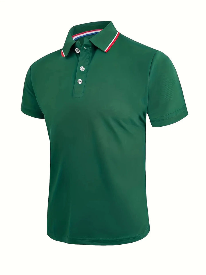 SmartGearPros breathable polyester polo shirt in green with button collar and red and white trim.