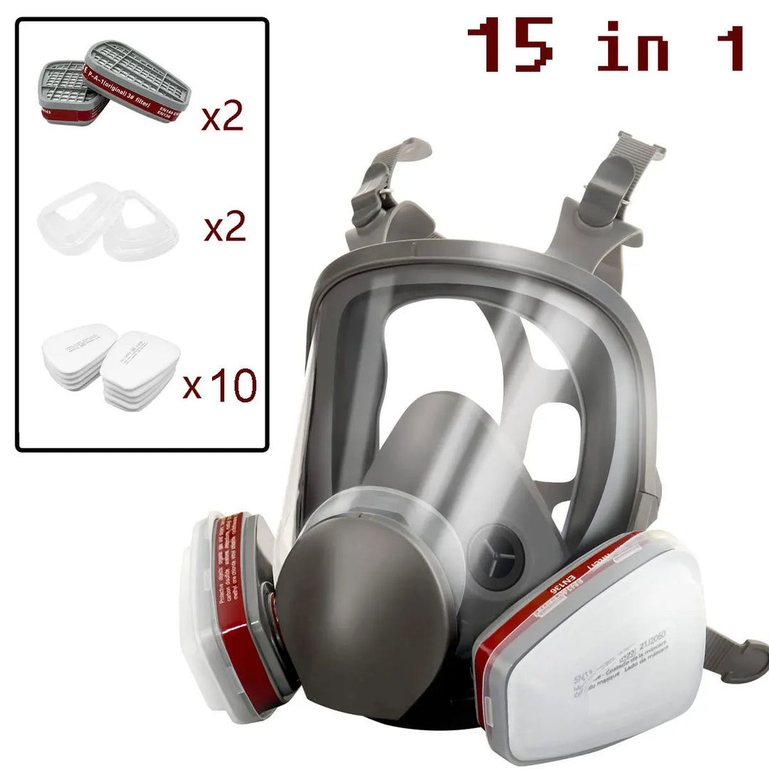Full-face respirator mask with filter cartridges on a white background