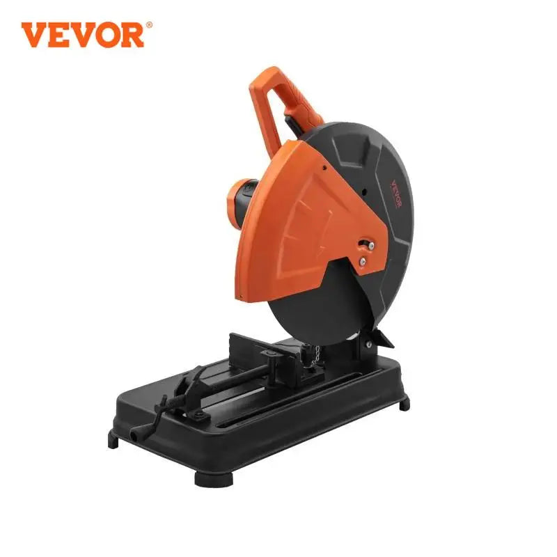 A VEVOR brand orange and black 2300W abrasive chop saw with a 14-inch blade diameter, cut off saw steel cutting machine on a pivoting fence base designed for metal cutting.