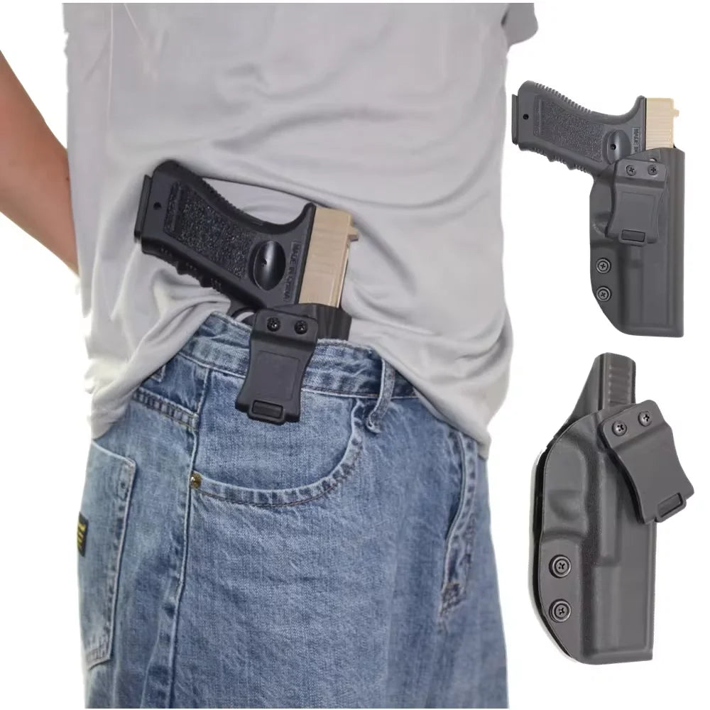 Person wearing a gun holster on their waist with additional holsters displayed.