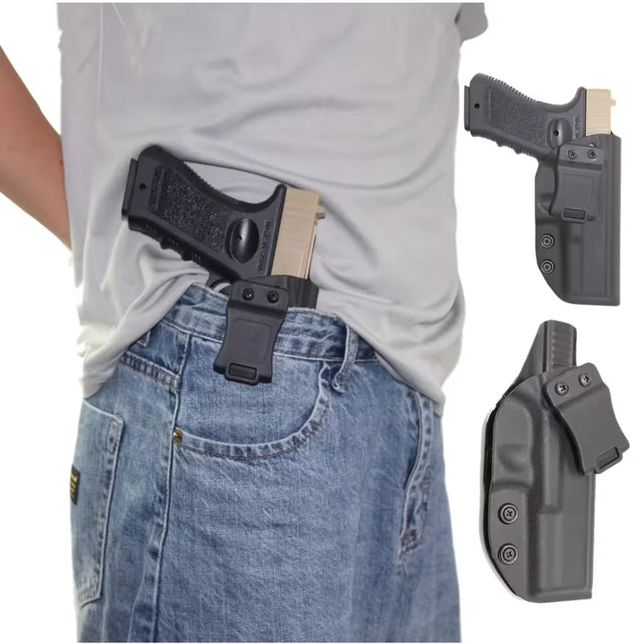 Person wearing a gun holster on their waist with additional holsters displayed.