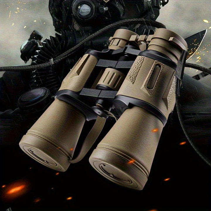 Tan binoculars with tactical design on a dark background