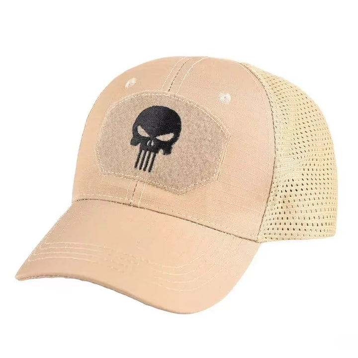 Beige mesh cap with a black skull logo on a white background