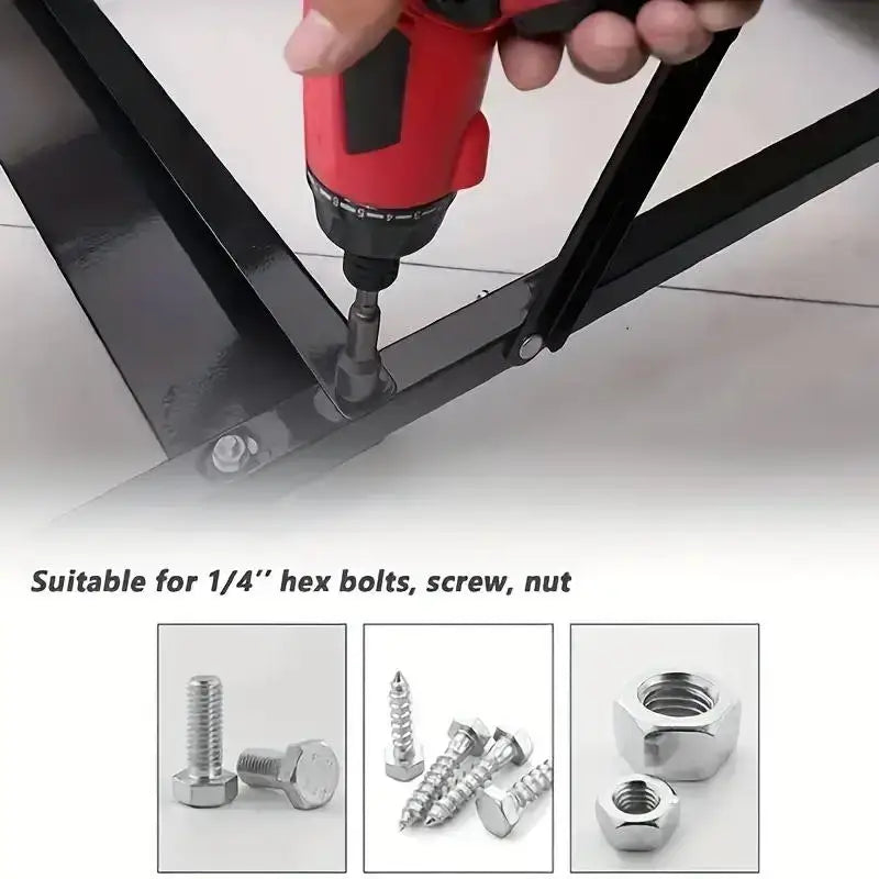 Red screwdriver being used on a metal frame with bolts and screws shown in close-up.