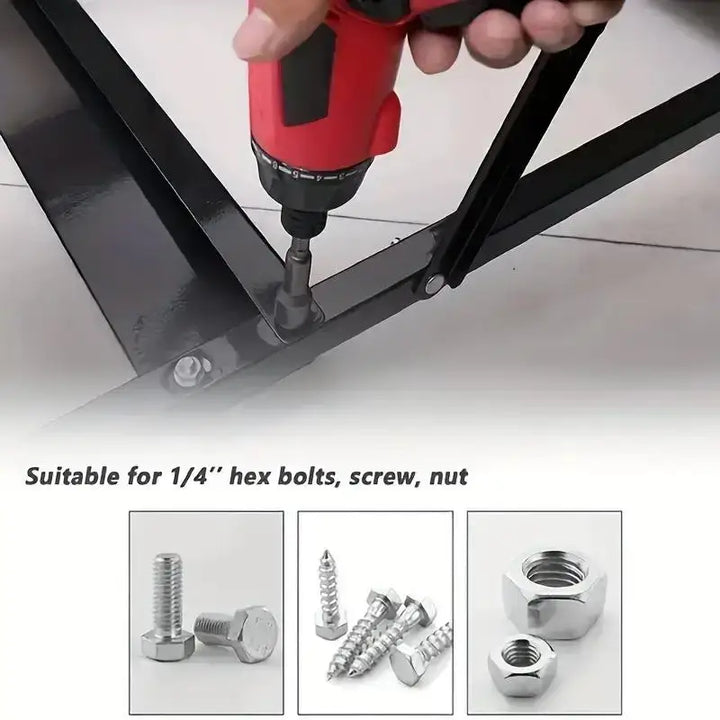 Red screwdriver being used on a metal frame with bolts and screws shown in close-up.