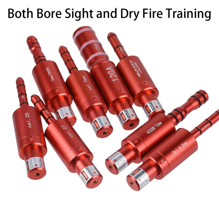 Red bore sighting tools with labels on a white background