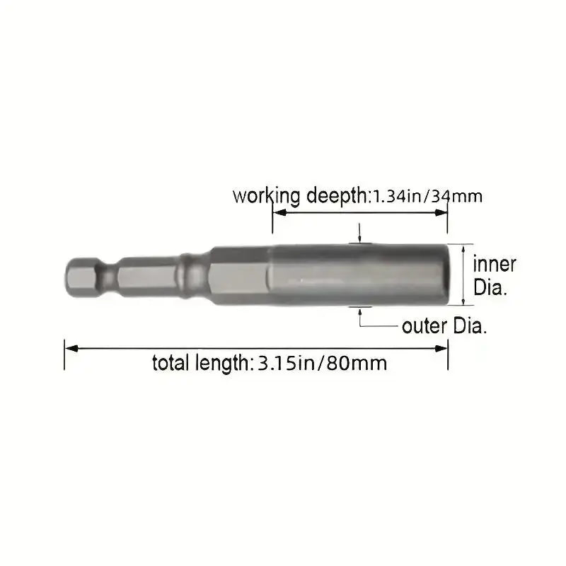Measurement diagram of a drill bit adapter with dimensions labeled.