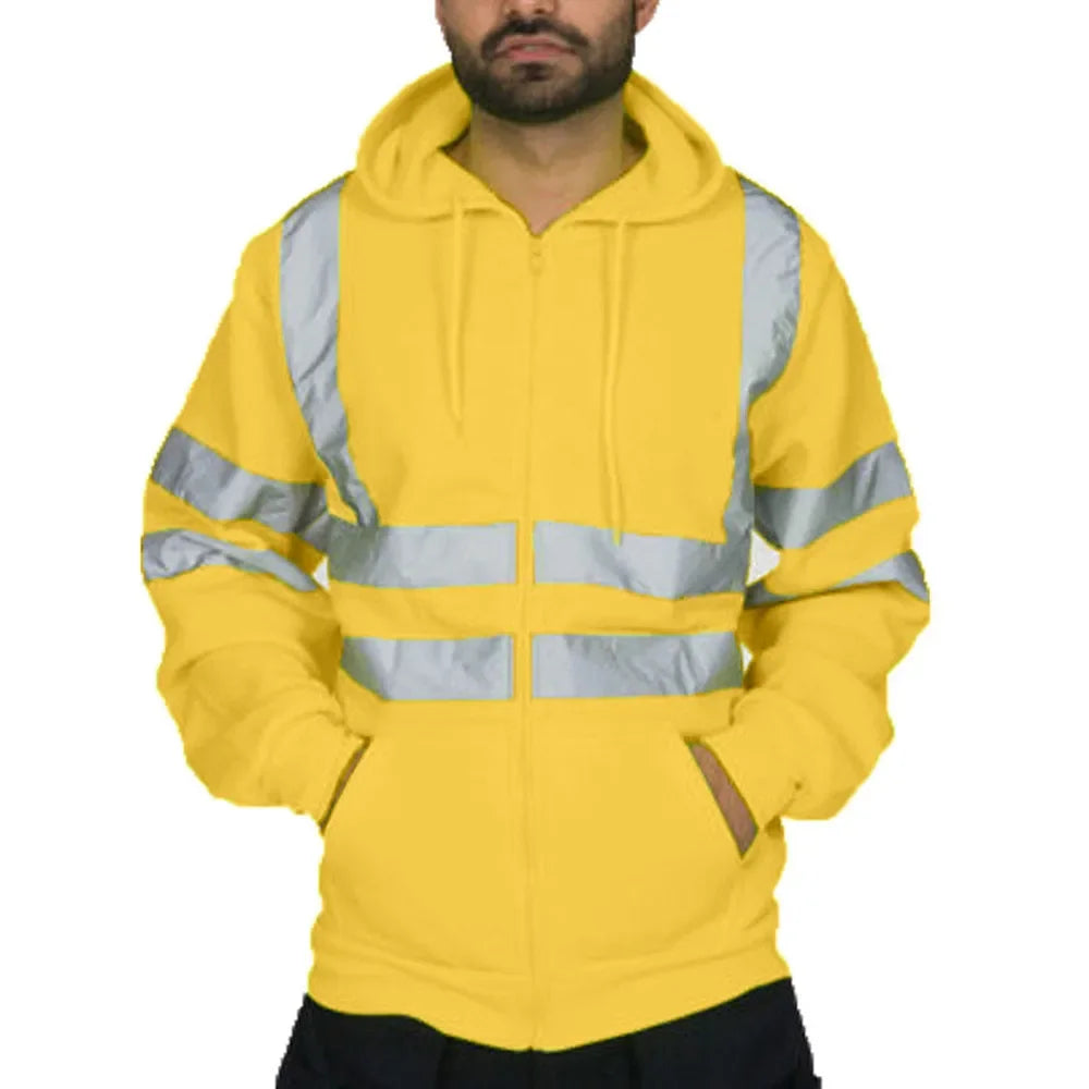 Yellow hoodie with reflective stripes worn by a person on a white background