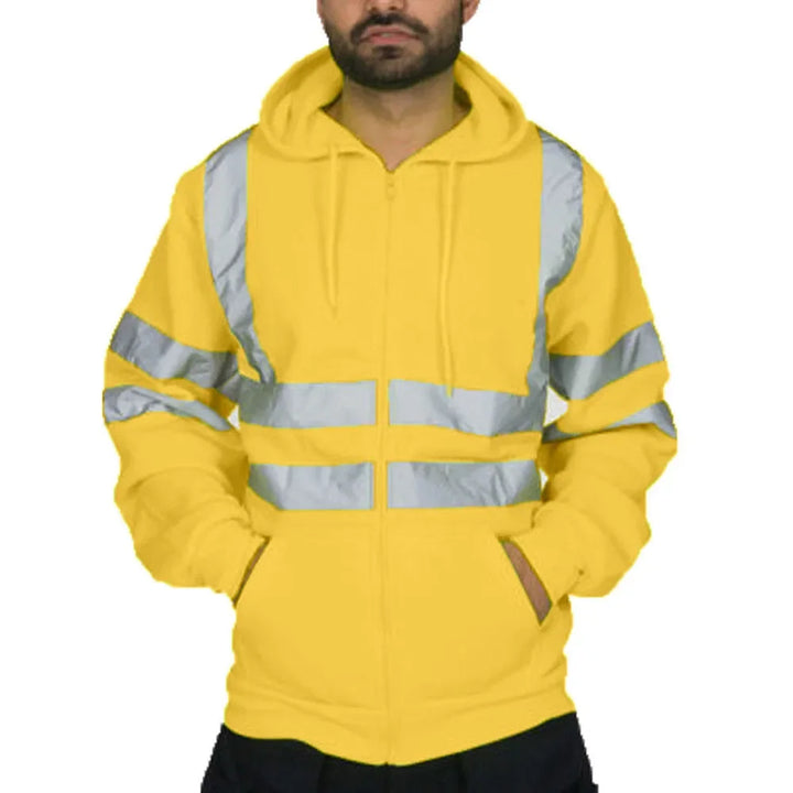 Yellow hoodie with reflective stripes worn by a person on a white background