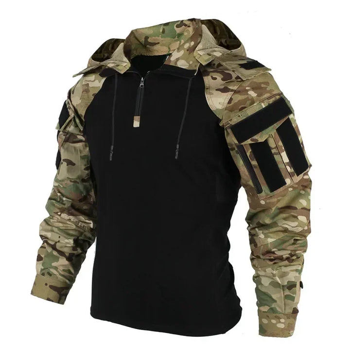 SmartGearPros Outdoor Camo Combat T-Shirt Hooded - Mens Tactical Shirt Airsoft Paintball Hunting