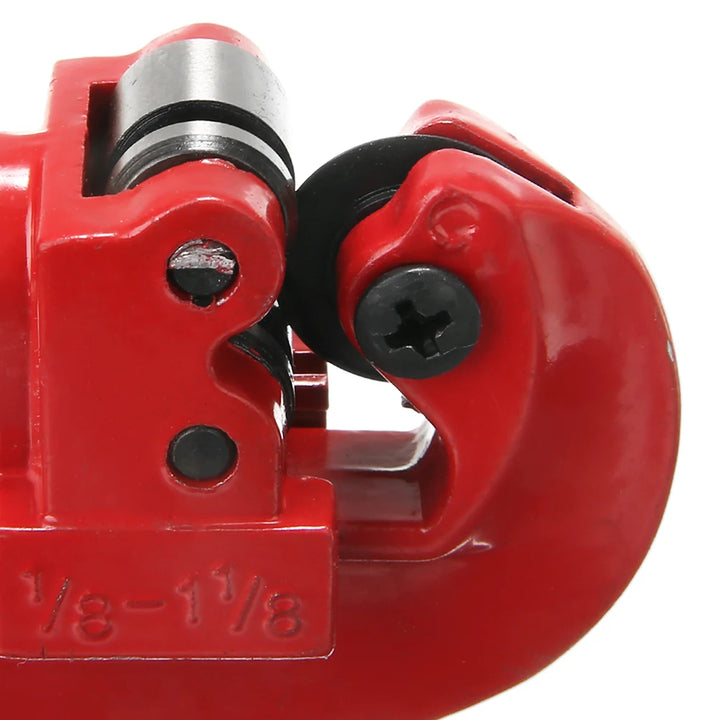 Red pipe cutter with measurement scale on a white background