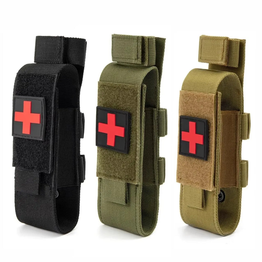 Three tactical medical pouches in black, green, and brown with red cross symbols on a white background.