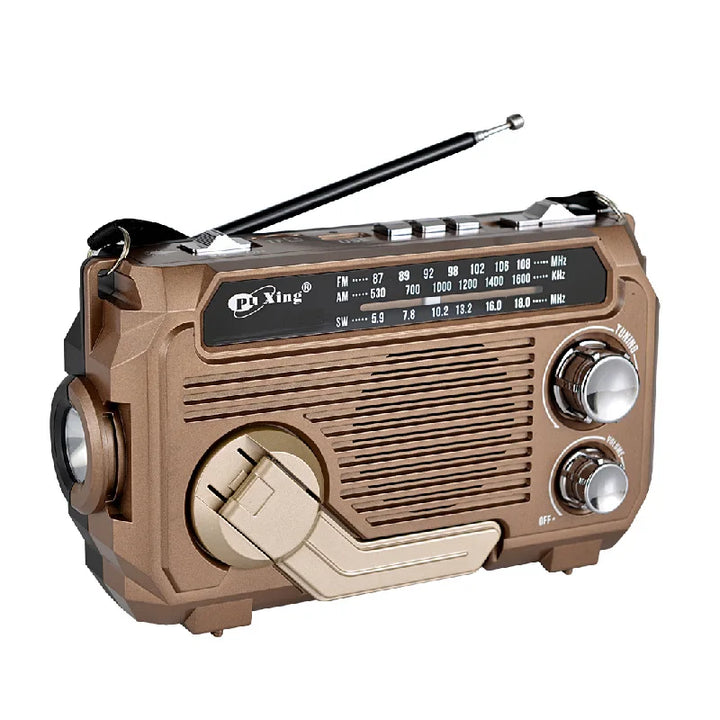 Brown and beige radio with visible brand logo on a white background
