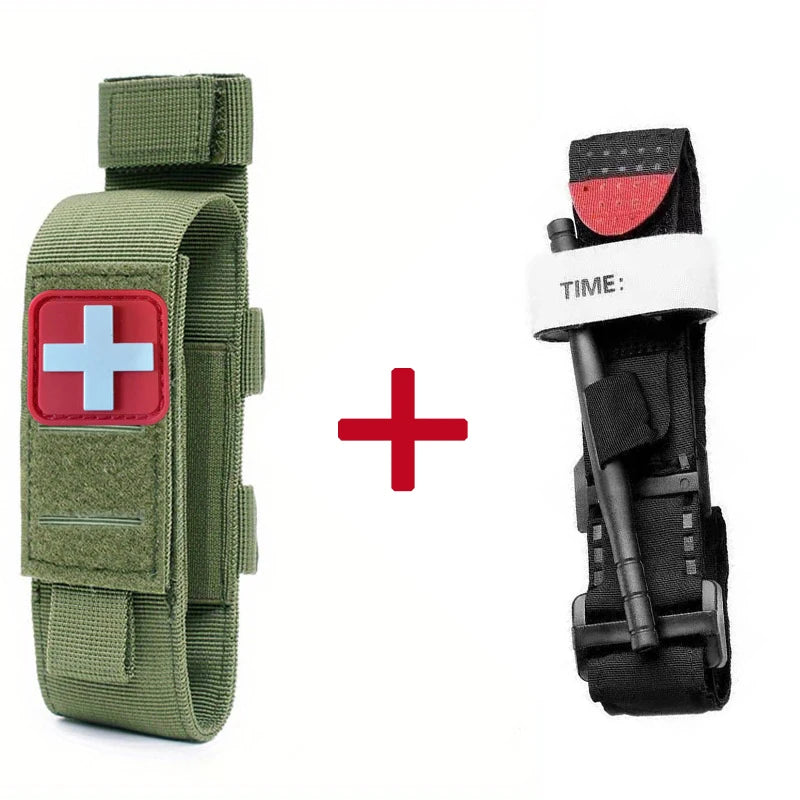 Green tactical pouch with medical patch and black device with 'TIME' label on a white background