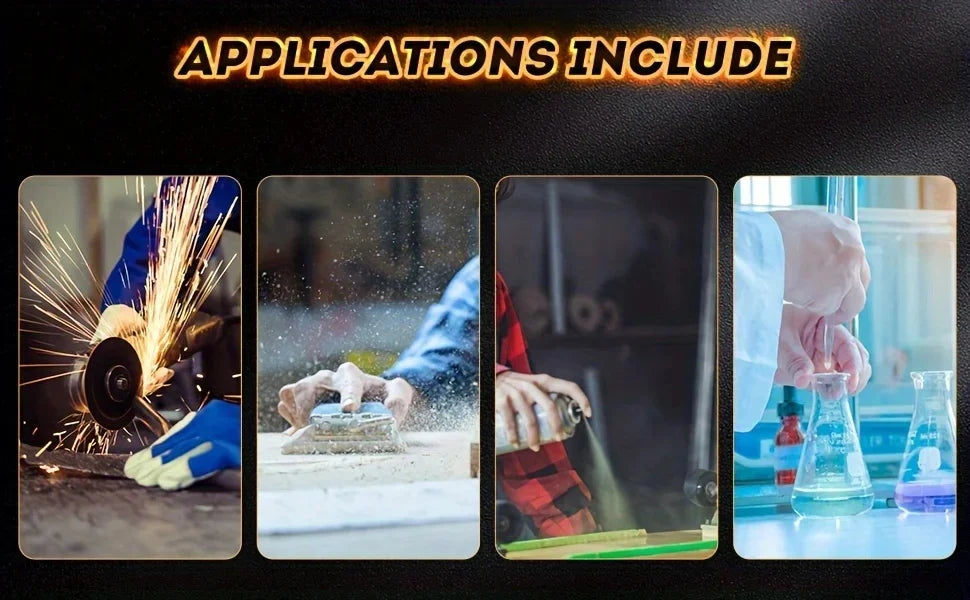 Four images showing different applications including welding, cleaning, and laboratory work.