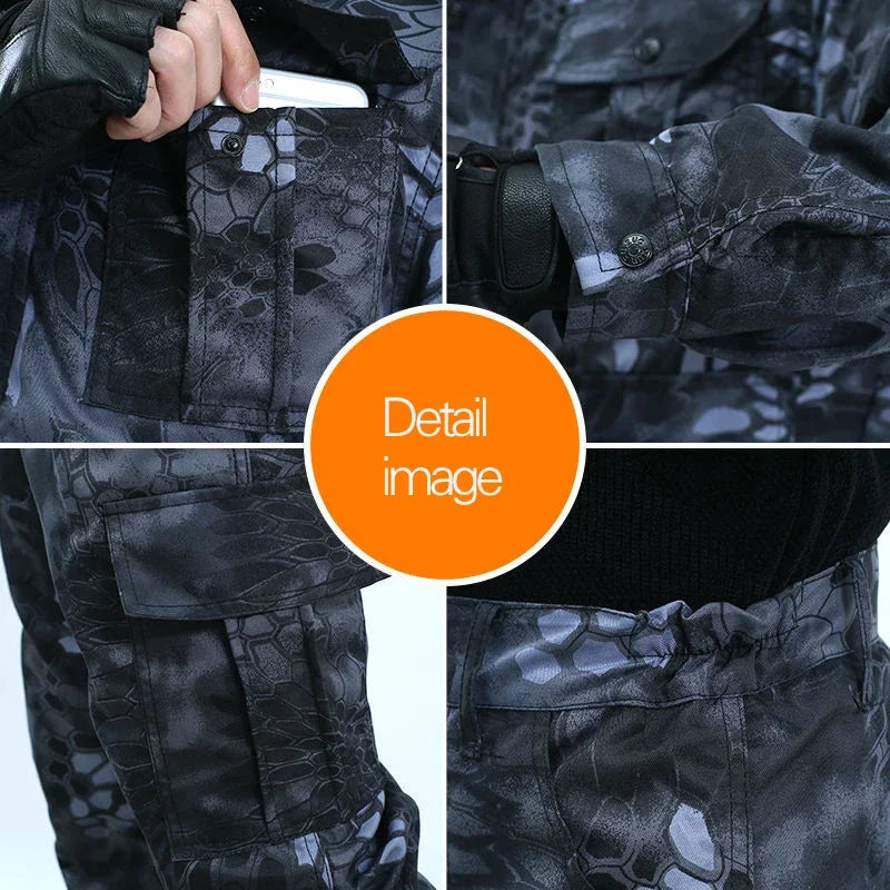 Collage of close-up details of a black camouflage jacket and pants.