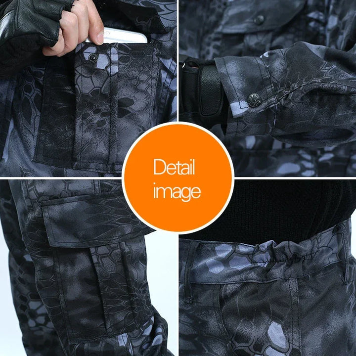 Collage of close-up details of a black camouflage jacket and pants.