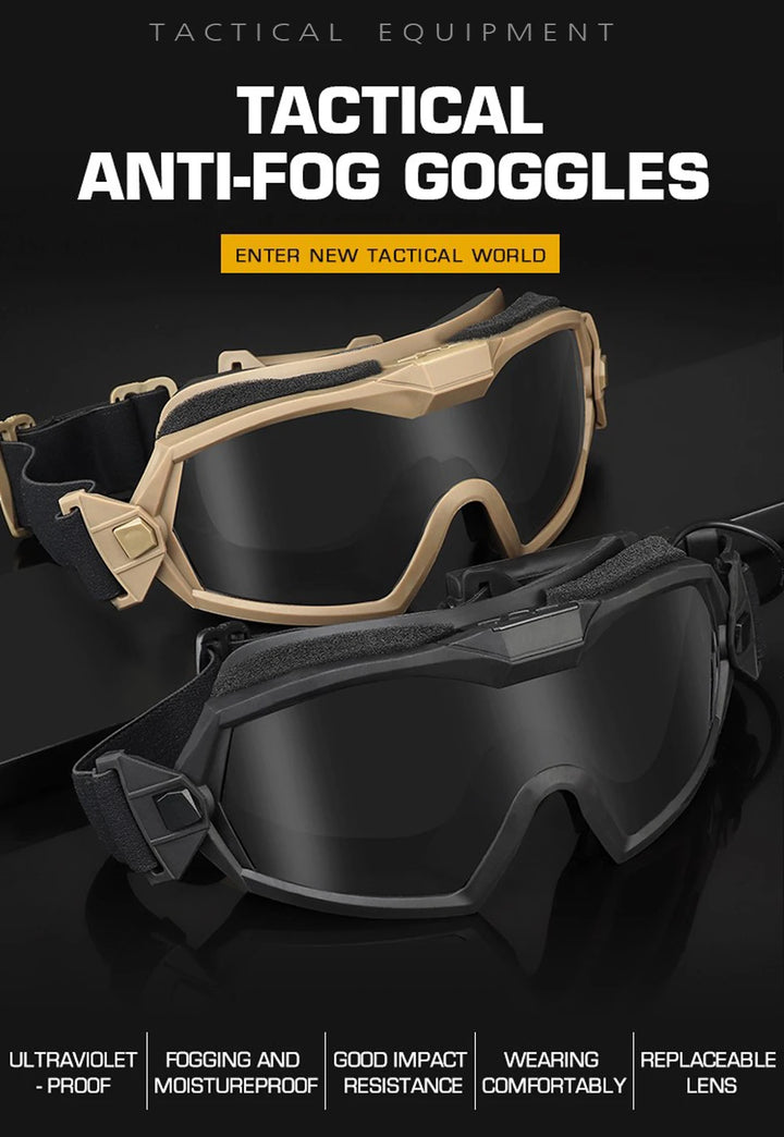 Tactical anti-fog goggles with text on a dark background