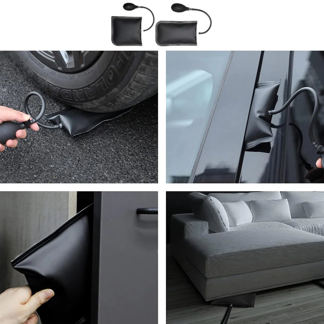 Collage of a car door protector, tire cover, and sofa protector being used.
