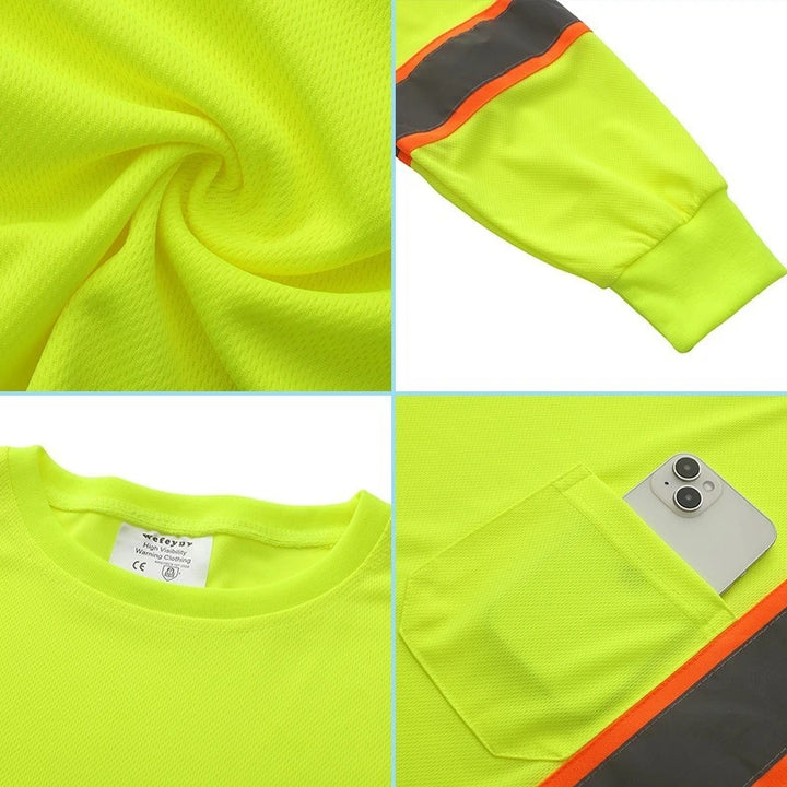 Collage of a neon yellow long-sleeve shirt with close-up details on fabric, sleeve, collar, and pocket.