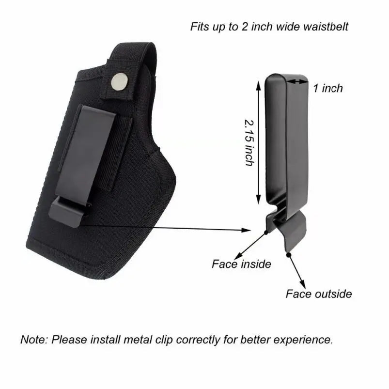 Black holster with measurements and installation instructions on a white background