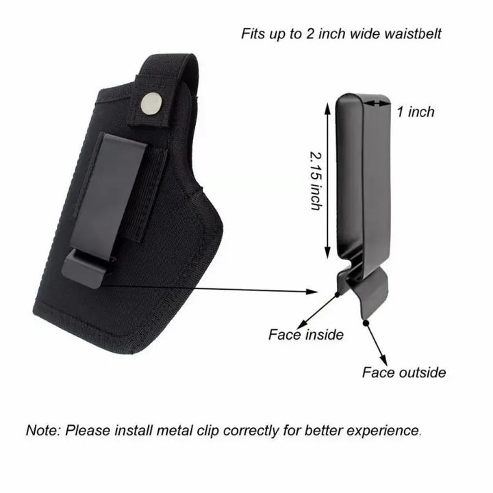Black holster with measurements and installation instructions on a white background