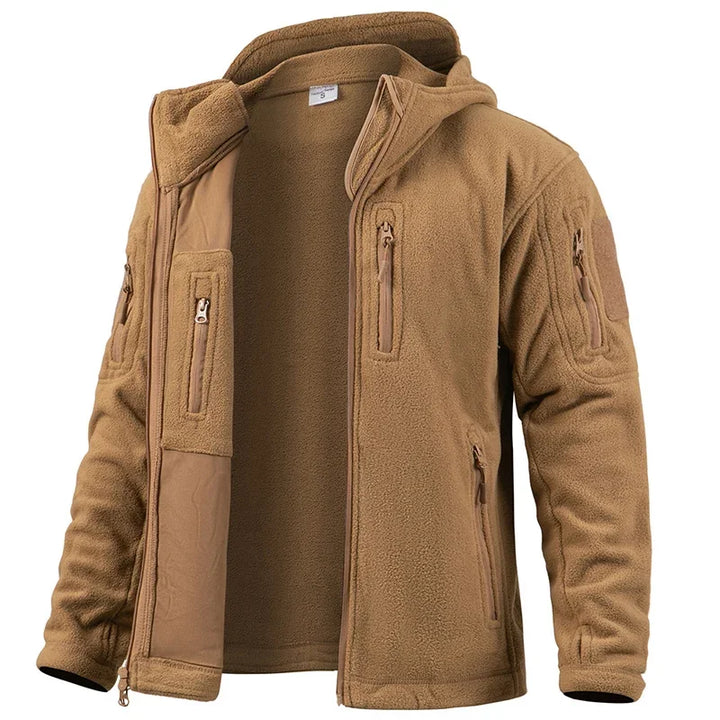 Brown fleece jacket with multiple pockets and zippers on a white background