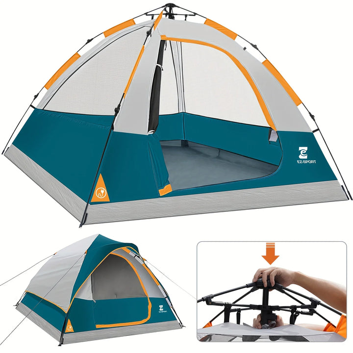 Camping tent with teal, gray, and orange colors, featuring EzSport logo.