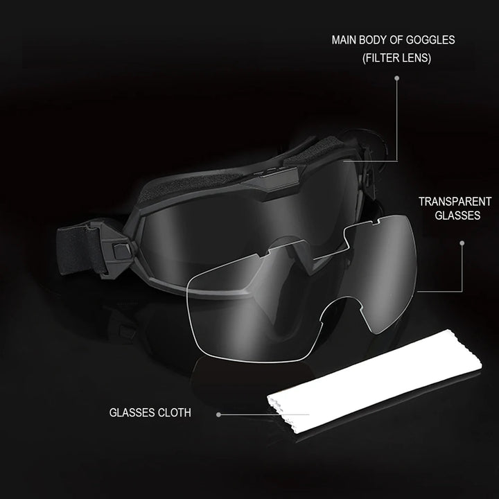 Black goggles with filter lens and cleaning cloth on a black background